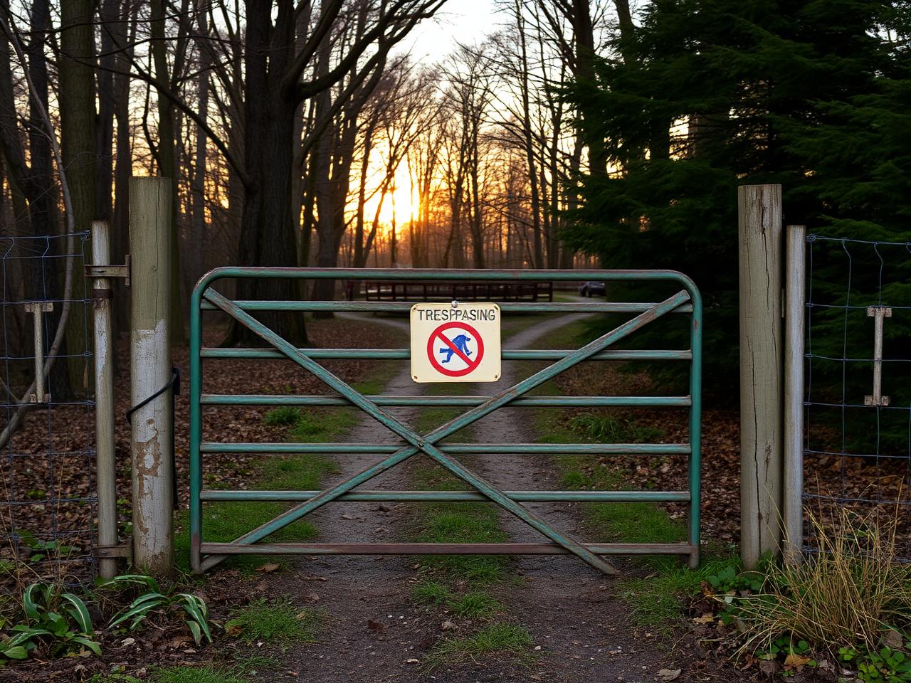 Locked metal farm gate at trail entrance